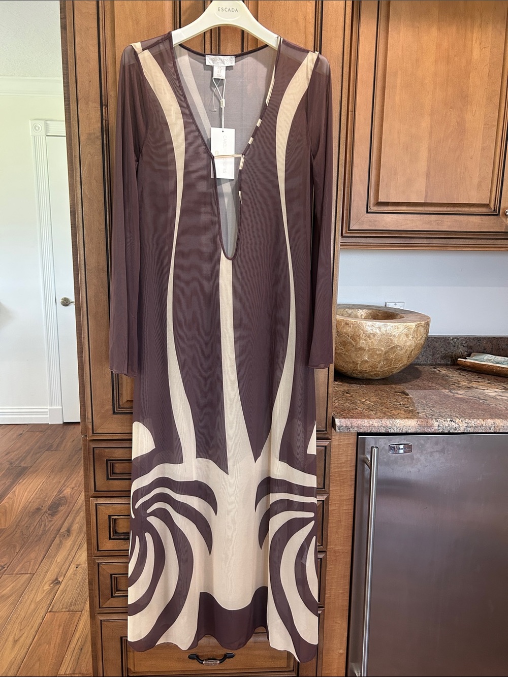 Caroline Constas Brown and Cream Geometric Swim Coverup